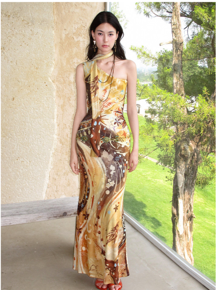 Printed One-Shoulder Fishtail Dress