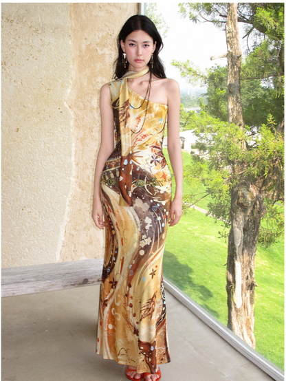 Printed One-Shoulder Fishtail Dress