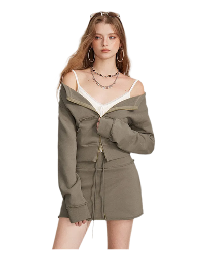 Raw Edge Zip Sweatshirt Set
