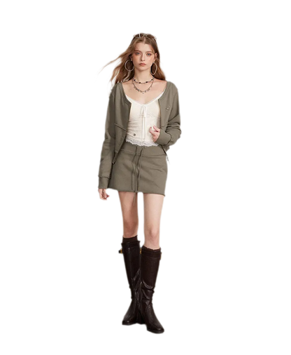 Raw Edge Zip Sweatshirt Set