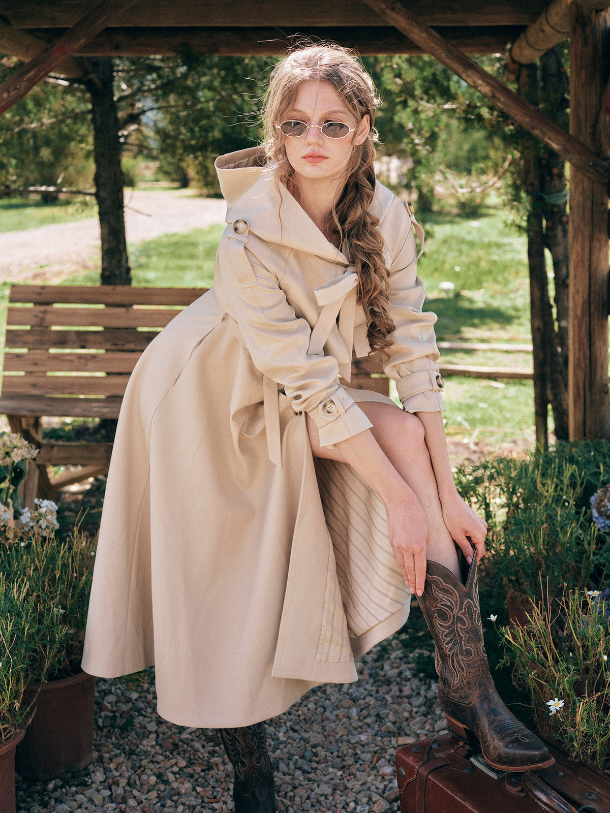 Waist-Defined Hooded Trench Coat