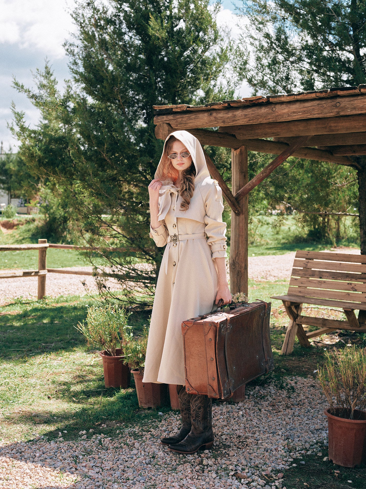 Waist-Defined Hooded Trench Coat