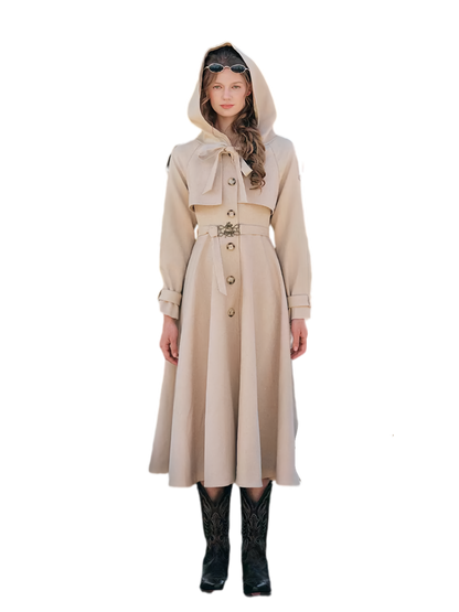 Waist-Defined Hooded Trench Coat