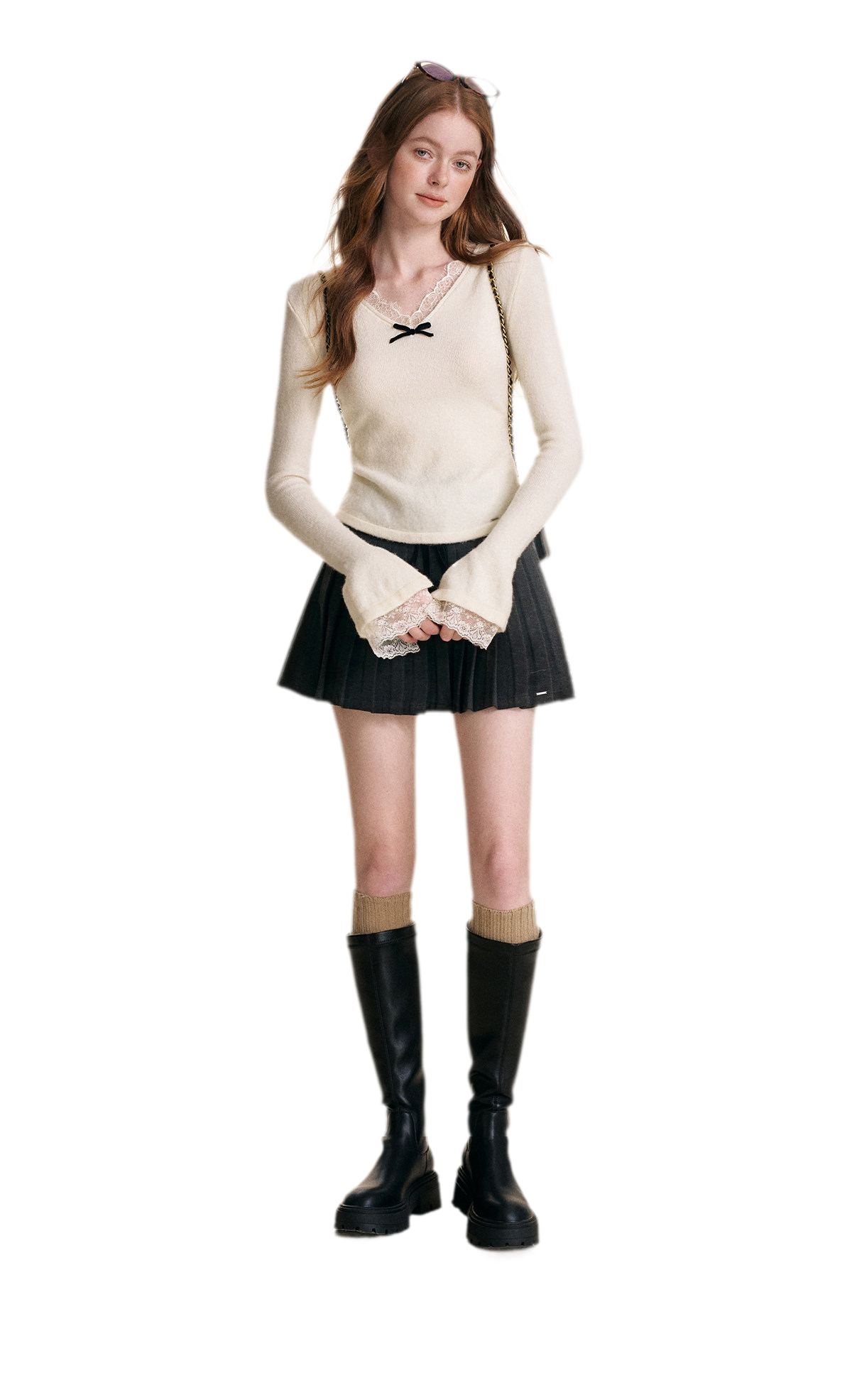 Lace Bow V-Neck Knit Top