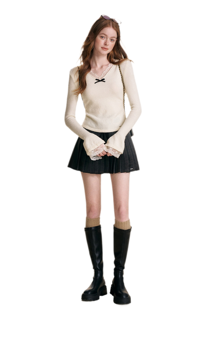 Lace Bow V-Neck Knit Top