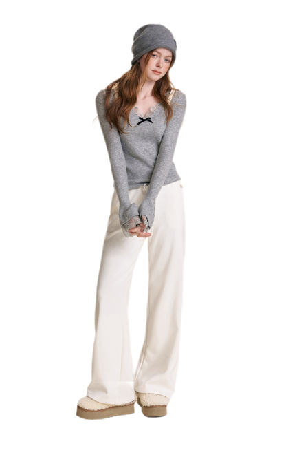 Lace Bow V-Neck Knit Top