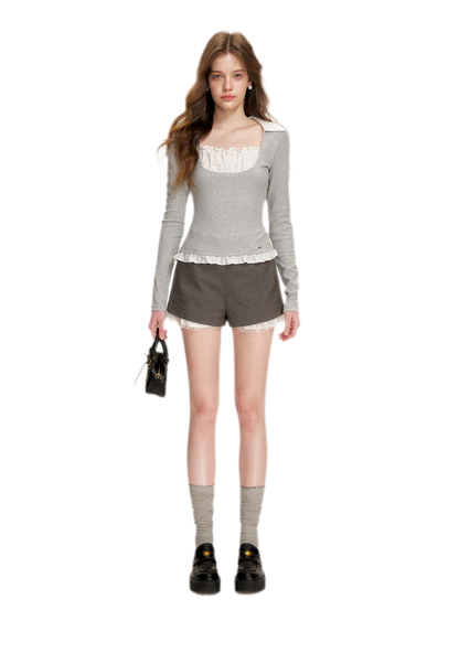 Lace Ruffle Fitted T-Shirt