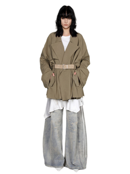 Structured Raw-Hem Belted Trench Coat
