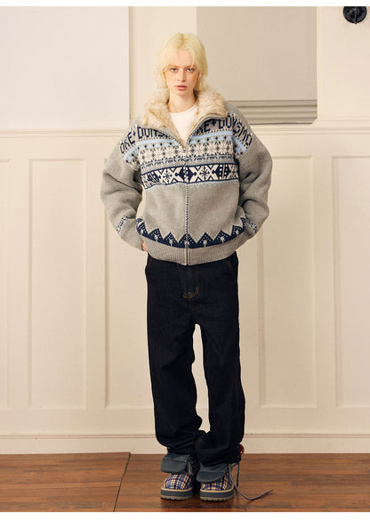 Jacquard Cropped Zip Sweater