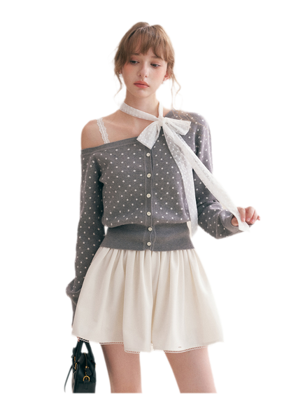 Polka Dot Slanted Shoulder Cardigan