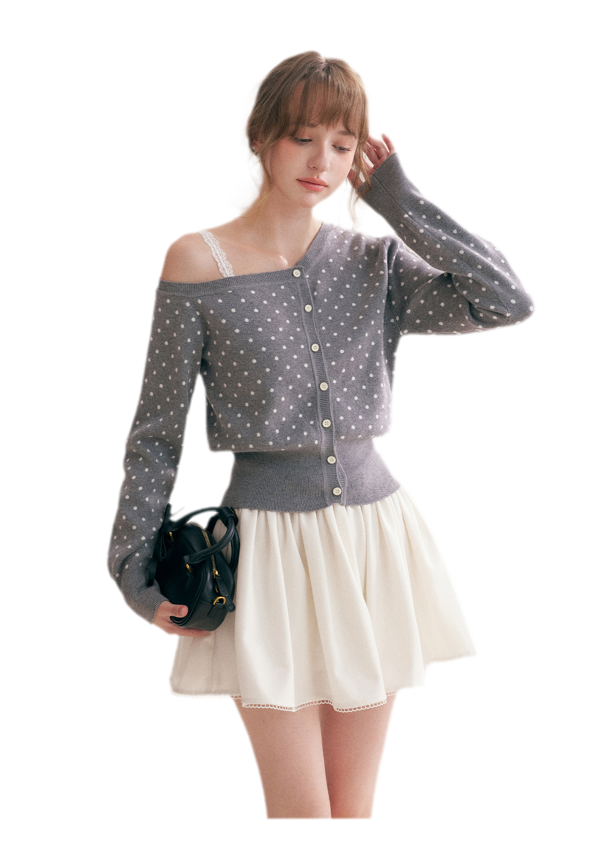 Polka Dot Slanted Shoulder Cardigan