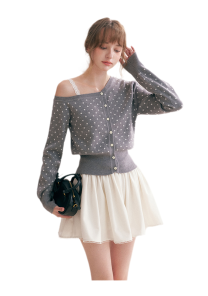 Polka Dot Slanted Shoulder Cardigan