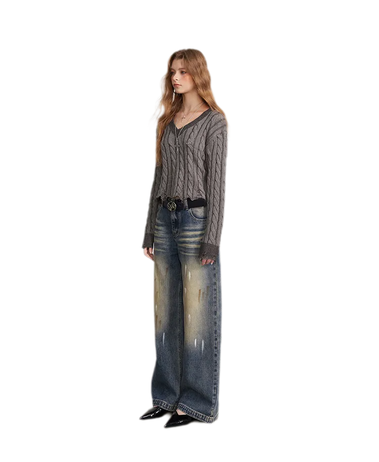 Distressed Cable Knit V-Neck Sweater