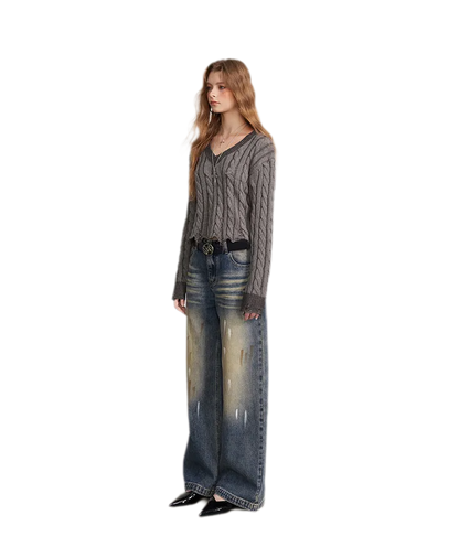 Distressed Cable Knit V-Neck Sweater