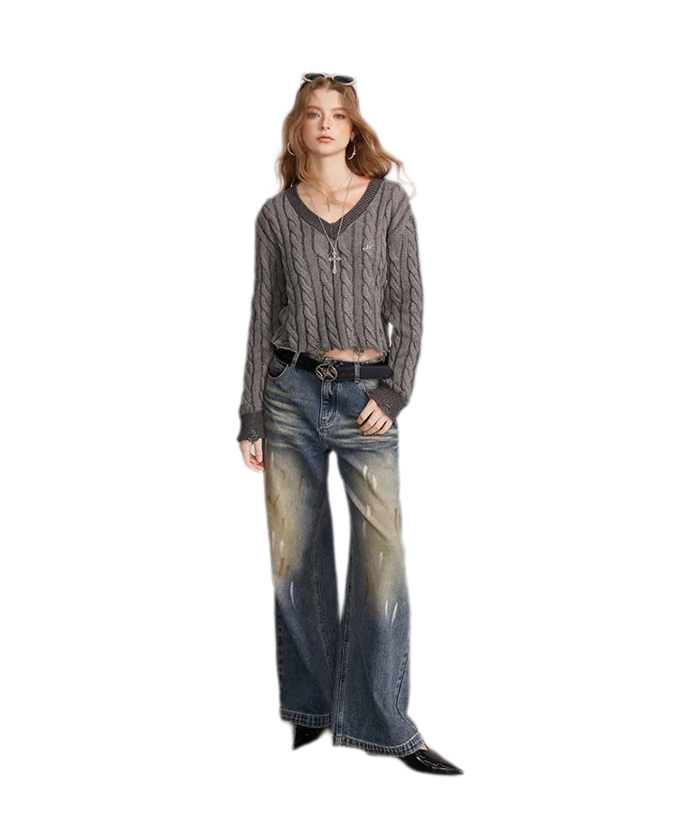 Distressed Cable Knit V-Neck Sweater