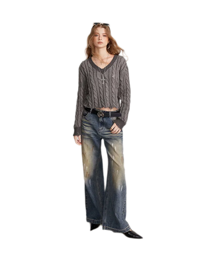 Distressed Cable Knit V-Neck Sweater