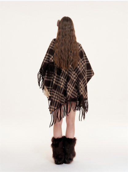 Fleece Checked Fringe Poncho