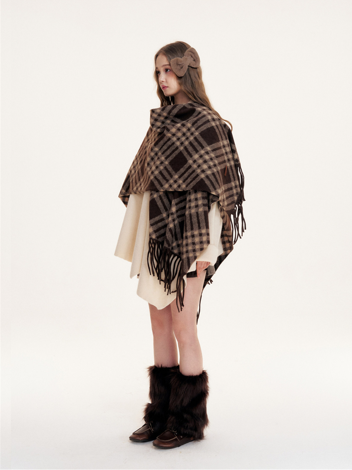 Fleece Checked Fringe Poncho