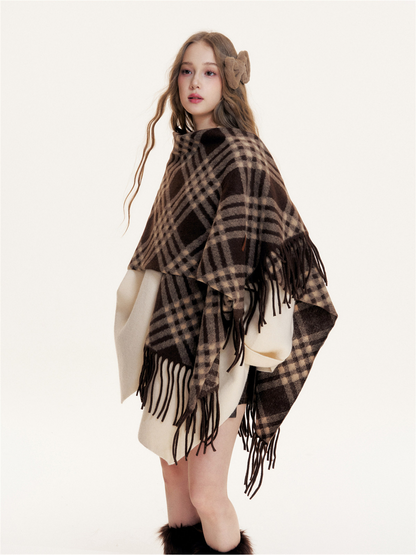Fleece Checked Fringe Poncho