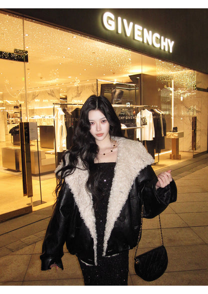 Metal-Thread Lamb Fleece Collar Jacket