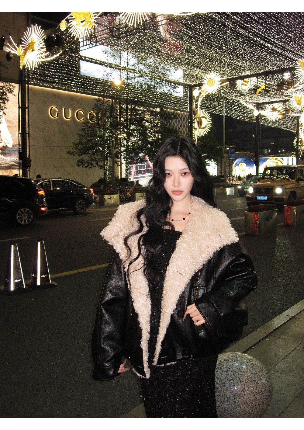 Metal-Thread Lamb Fleece Collar Jacket