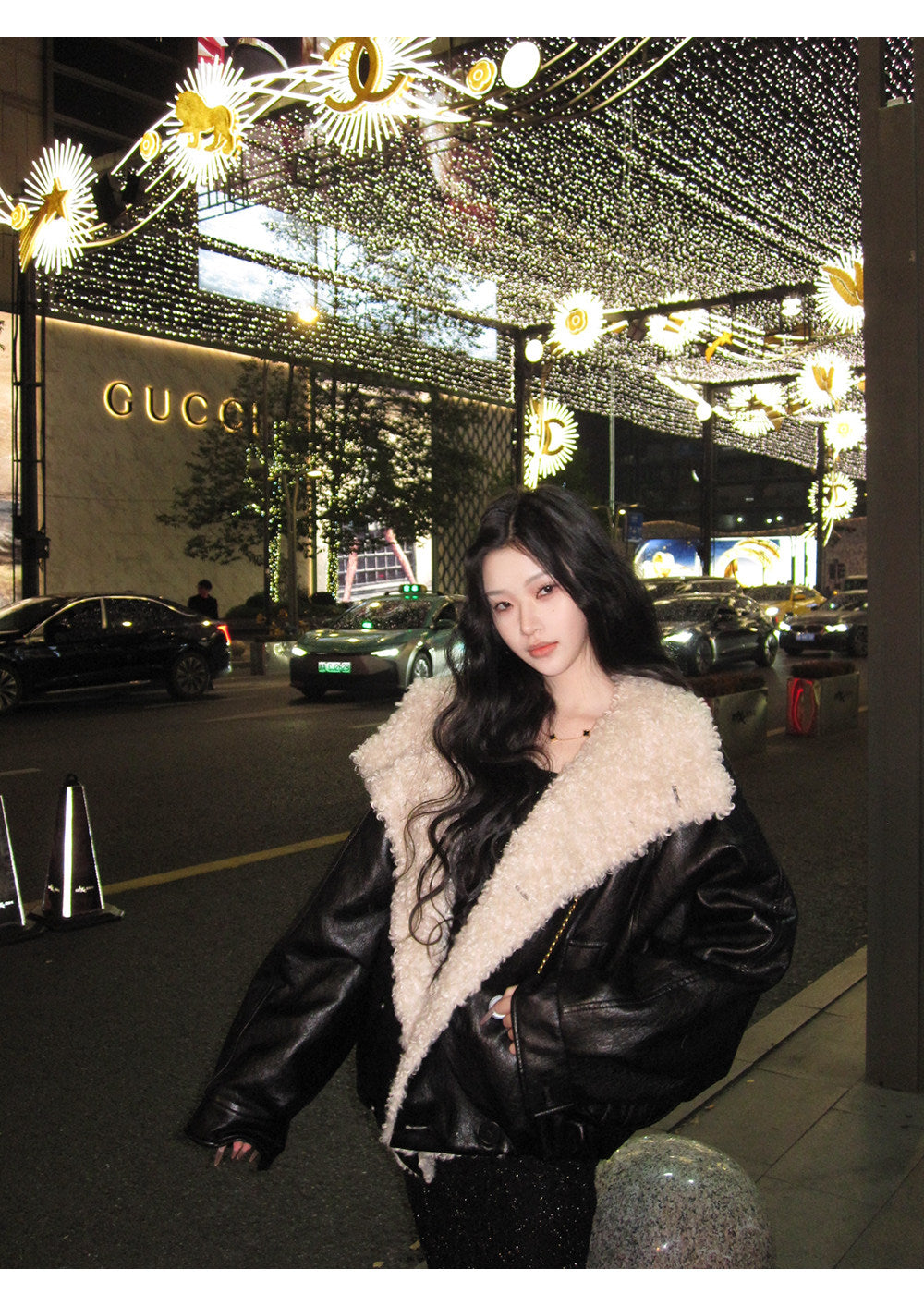 Metal-Thread Lamb Fleece Collar Jacket
