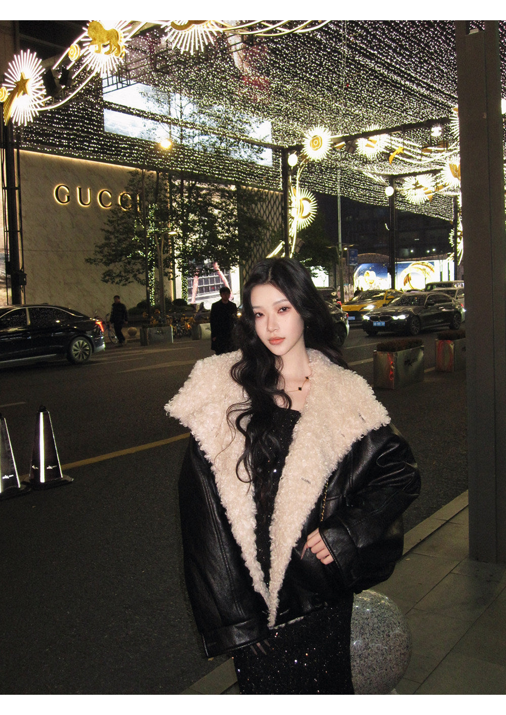 Metal-Thread Lamb Fleece Collar Jacket