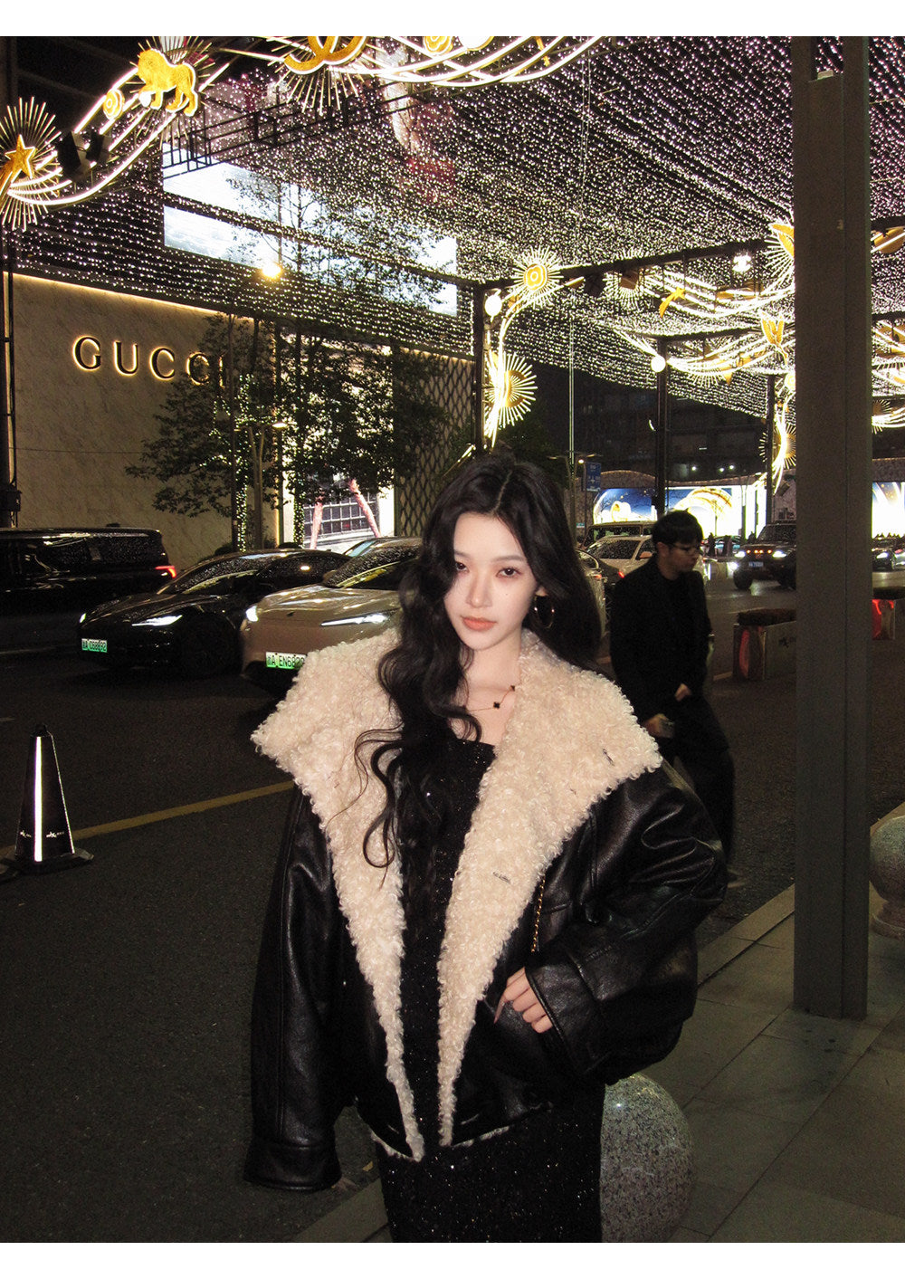 Metal-Thread Lamb Fleece Collar Jacket