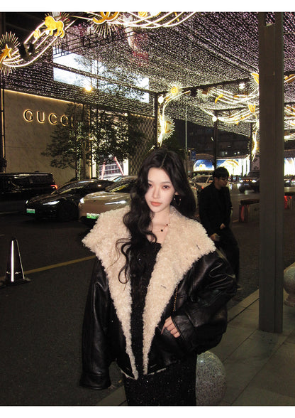 Metal-Thread Lamb Fleece Collar Jacket
