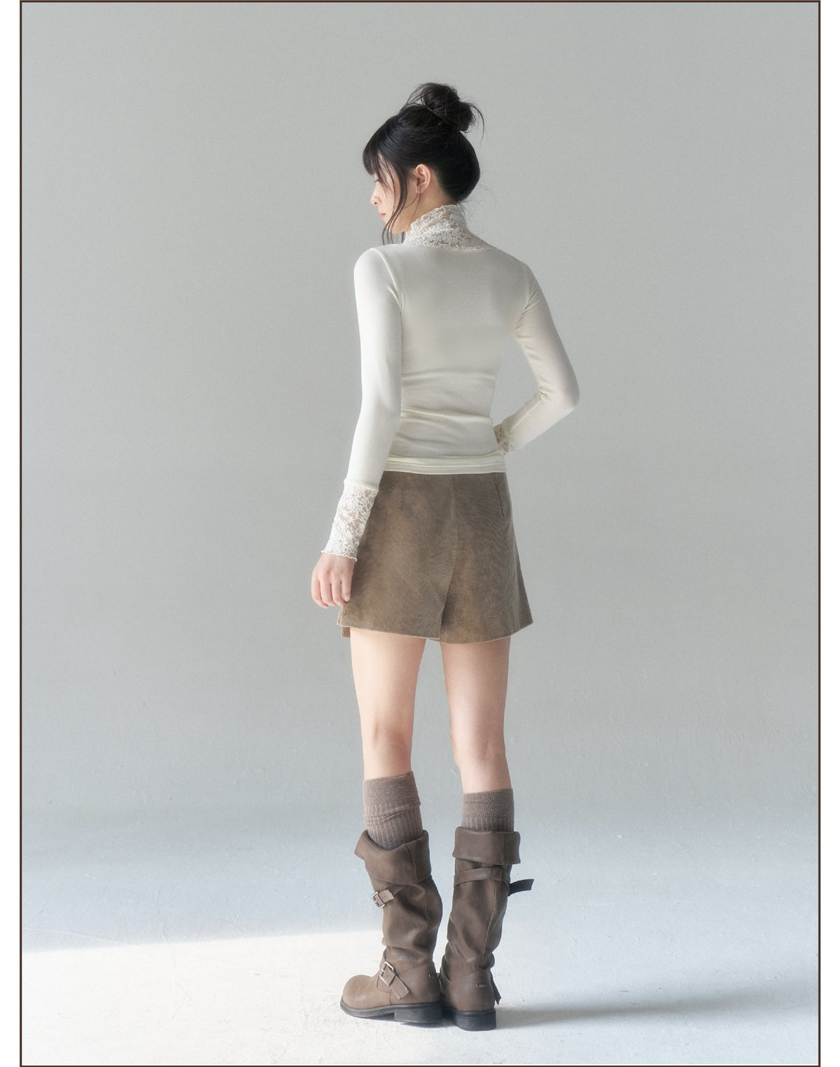 Lace Yoke Ruched Fitted Top