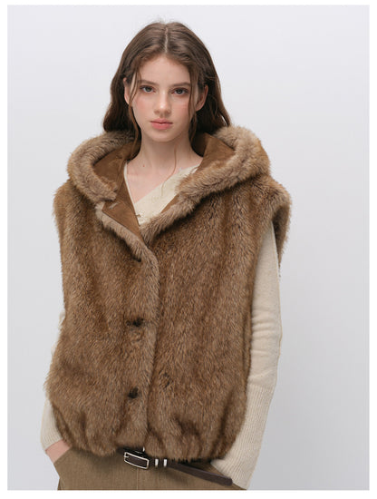 Layered Faux Fur Hooded Vest
