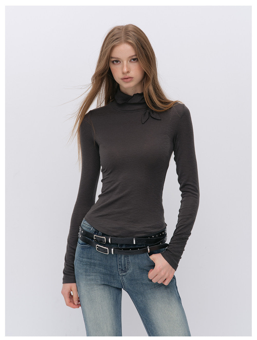 Lyocell Bow High-Neck T-Shirt