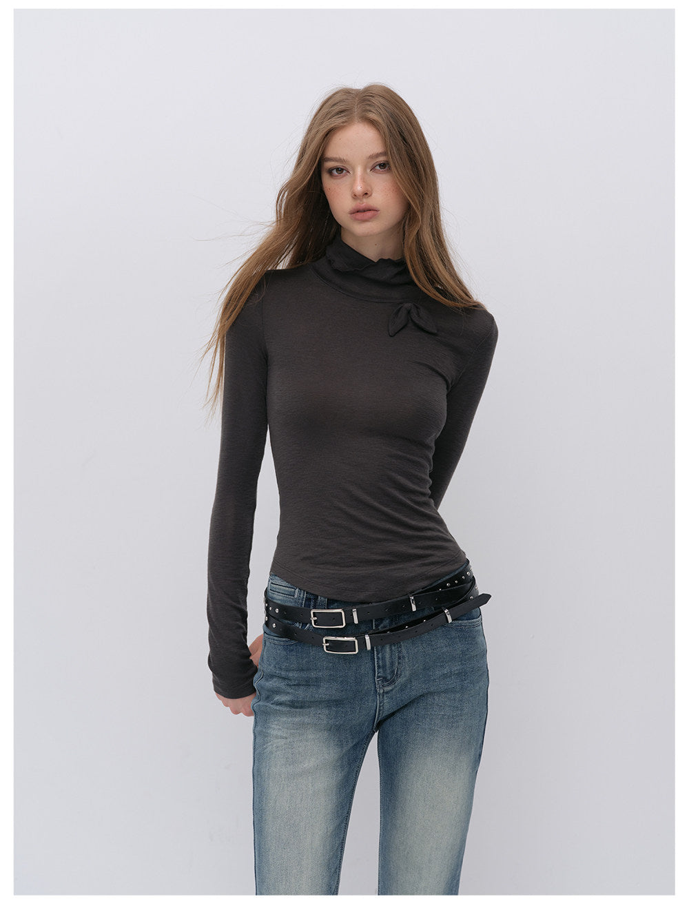 Lyocell Bow High-Neck T-Shirt