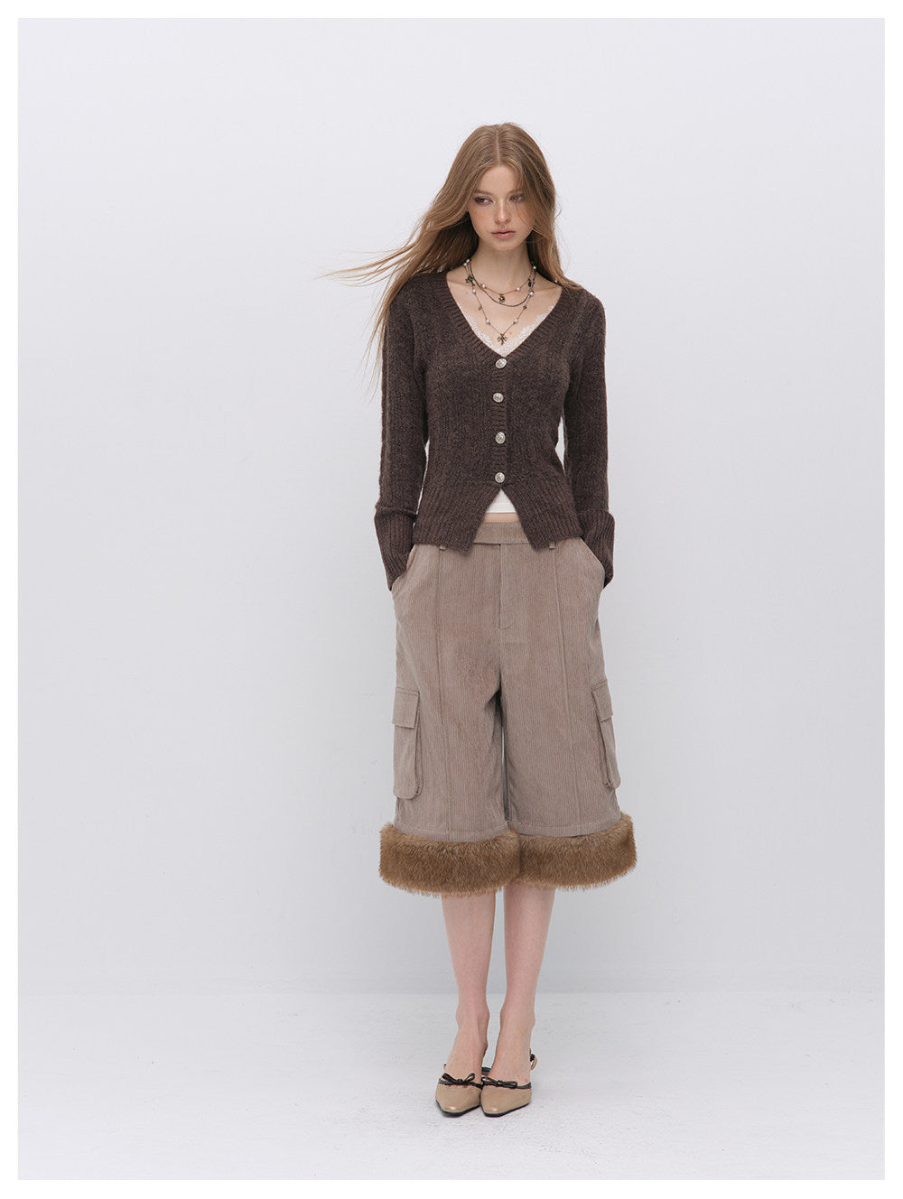 Chenille Cargo Cropped Wide-Leg Pants