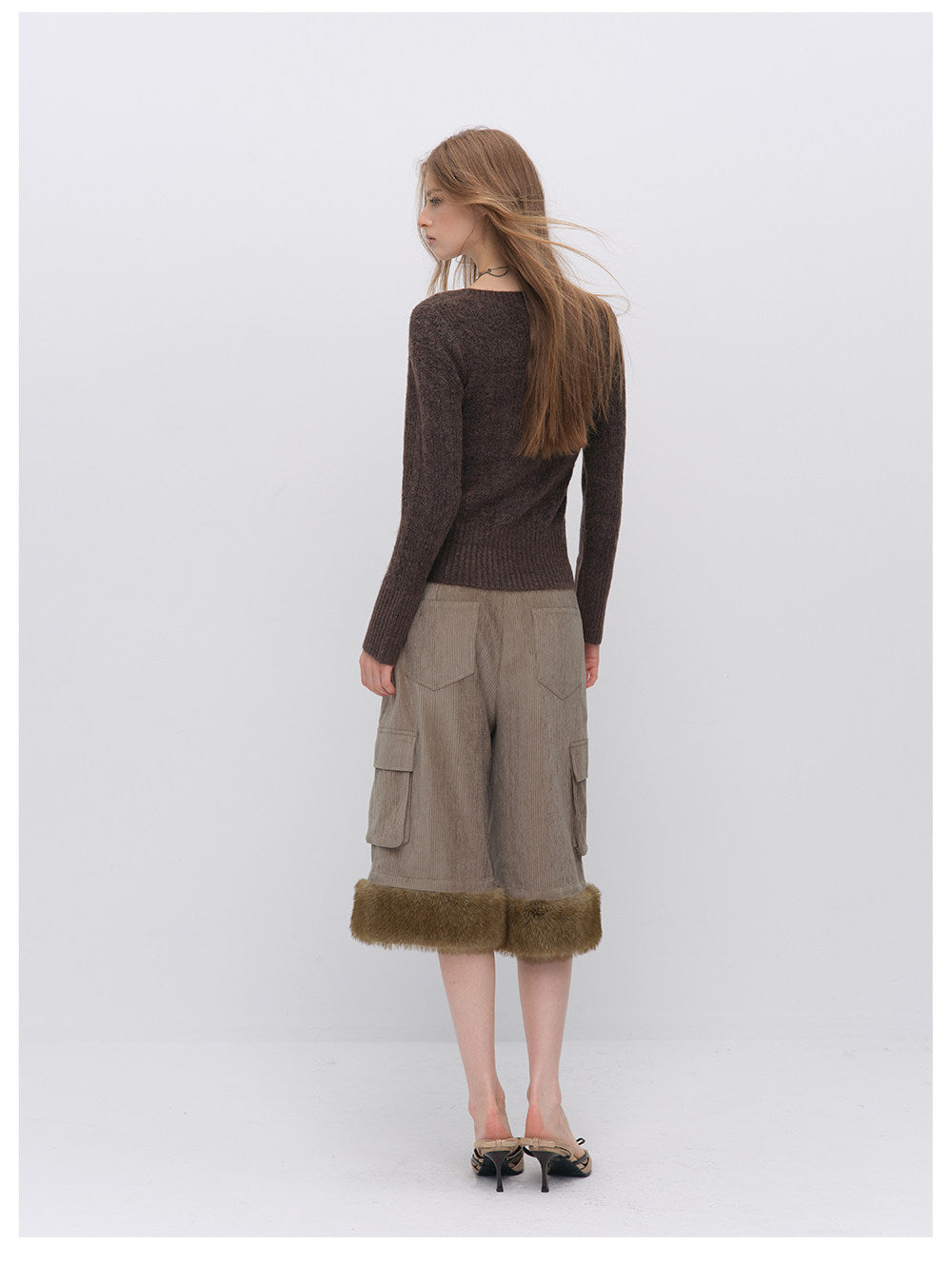 Chenille Cargo Cropped Wide-Leg Pants