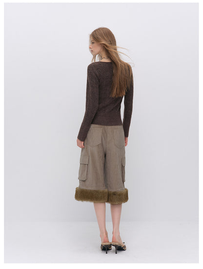 Chenille Cargo Cropped Wide-Leg Pants
