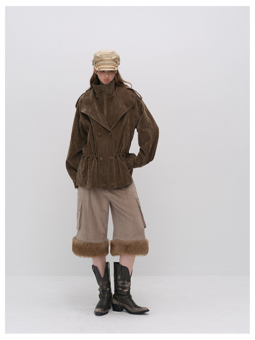 Chenille Cargo Cropped Wide-Leg Pants
