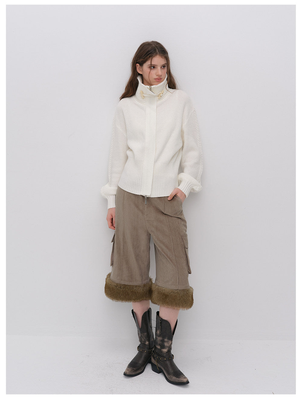 Chenille Cargo Cropped Wide-Leg Pants