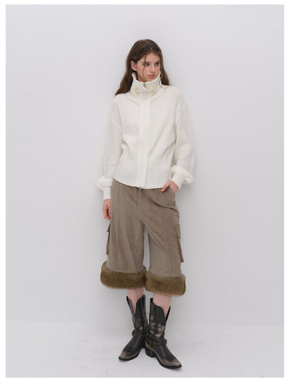 Chenille Cargo Cropped Wide-Leg Pants