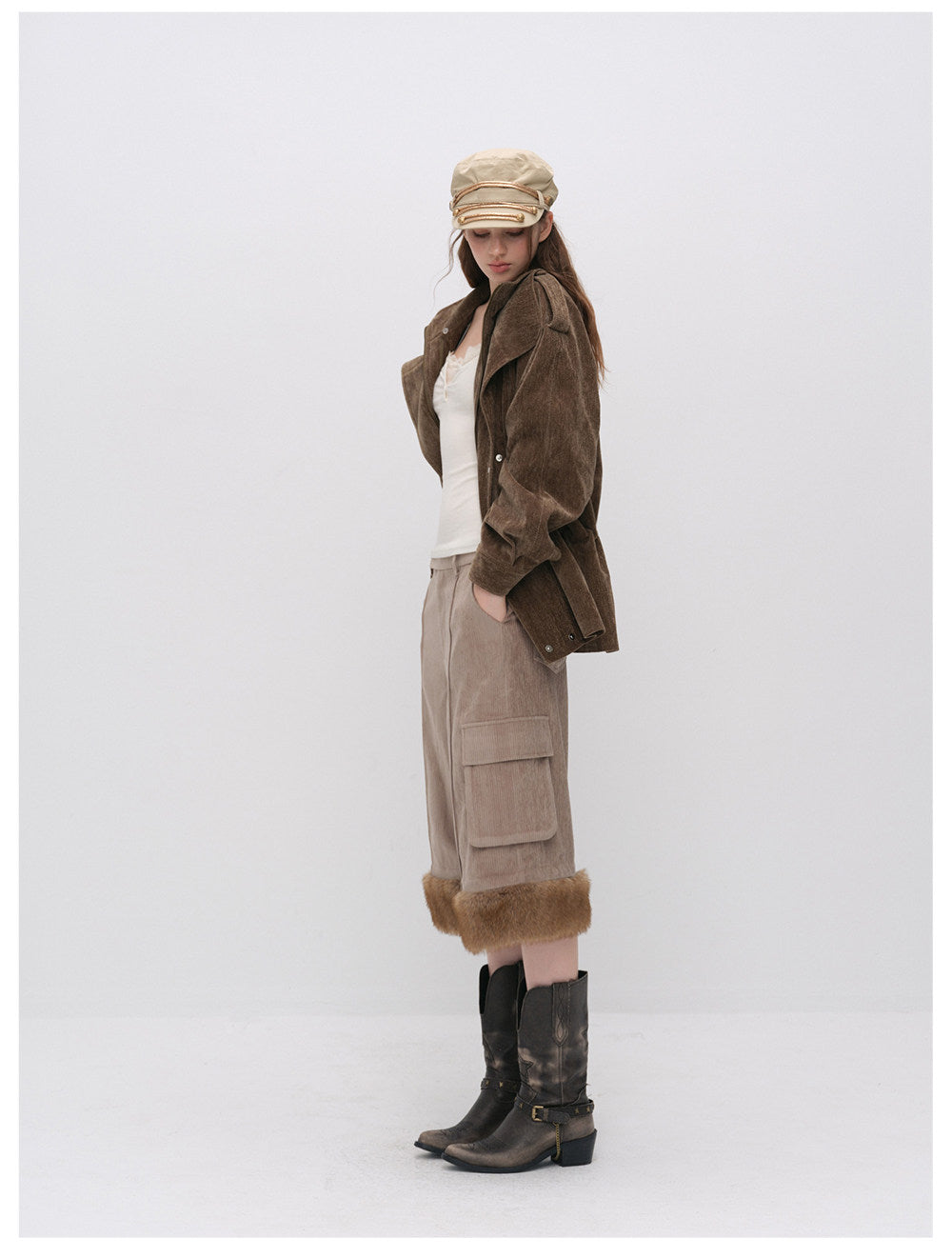Chenille Cargo Cropped Wide-Leg Pants