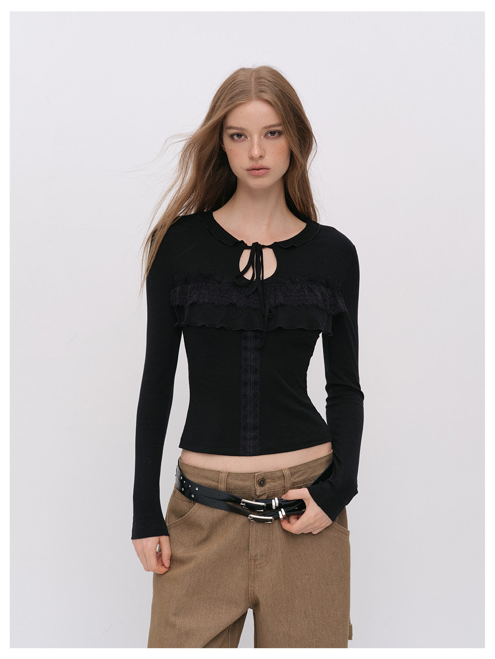 Wool Blend Lace Tie T-Shirt