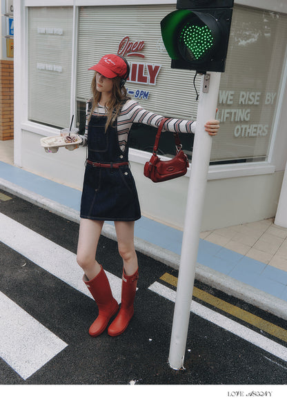 Cotton Denim Pinafore Mini Dress