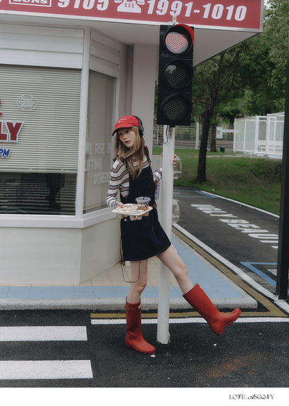 Cotton Denim Pinafore Mini Dress