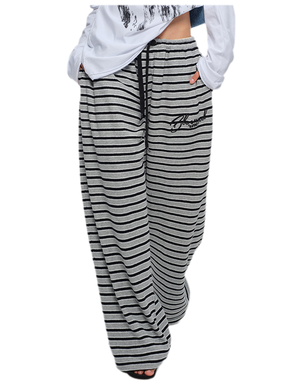 Embroidered Stripe Wide-Leg Pants