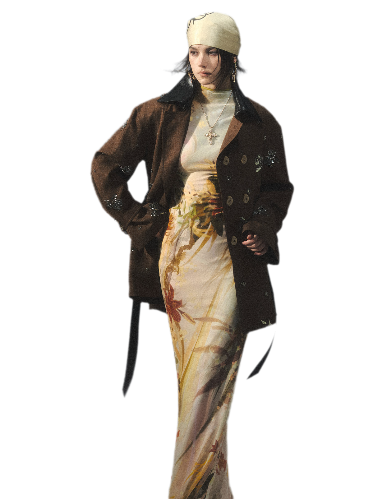Trench in pelle con bordi, ricami e perline