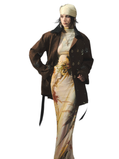 Trench in pelle con bordi, ricami e perline