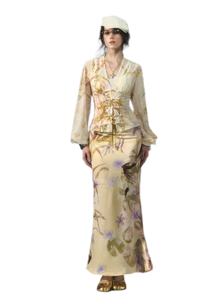 Blusa in jacquard di velluto con maniche a lanterna