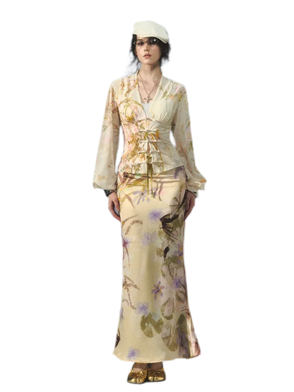 Blusa in jacquard di velluto con maniche a lanterna
