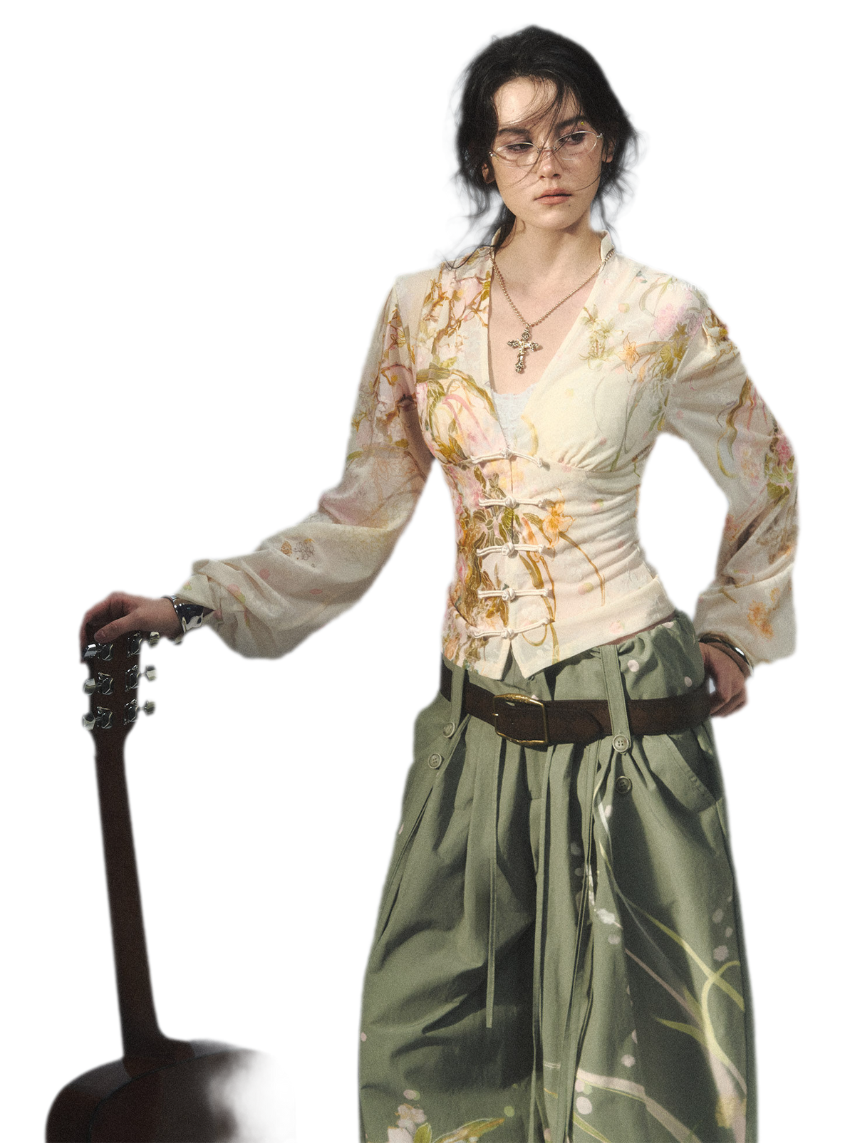 Blusa in jacquard di velluto con maniche a lanterna