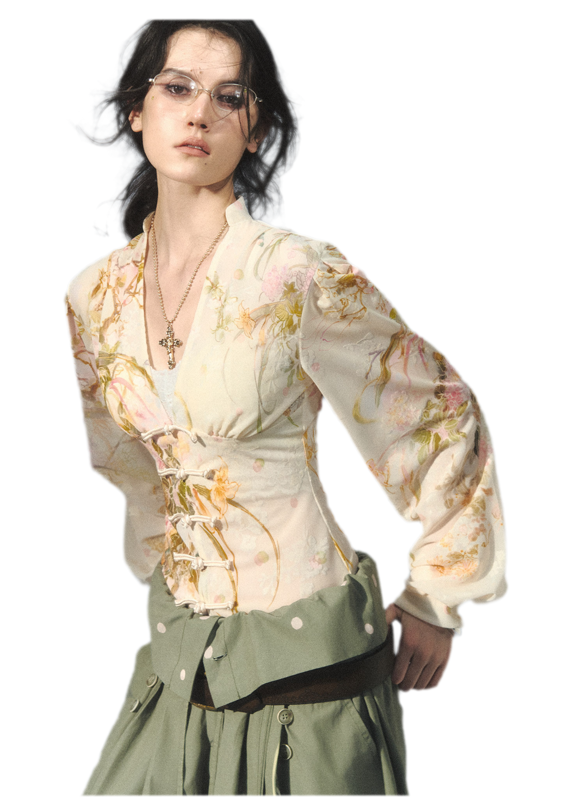 Blusa in jacquard di velluto con maniche a lanterna